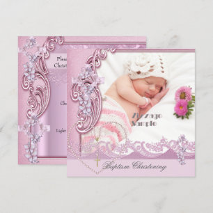 Hübsche Taufe Pink Girl Foto Butterfly Spitze Einladung
