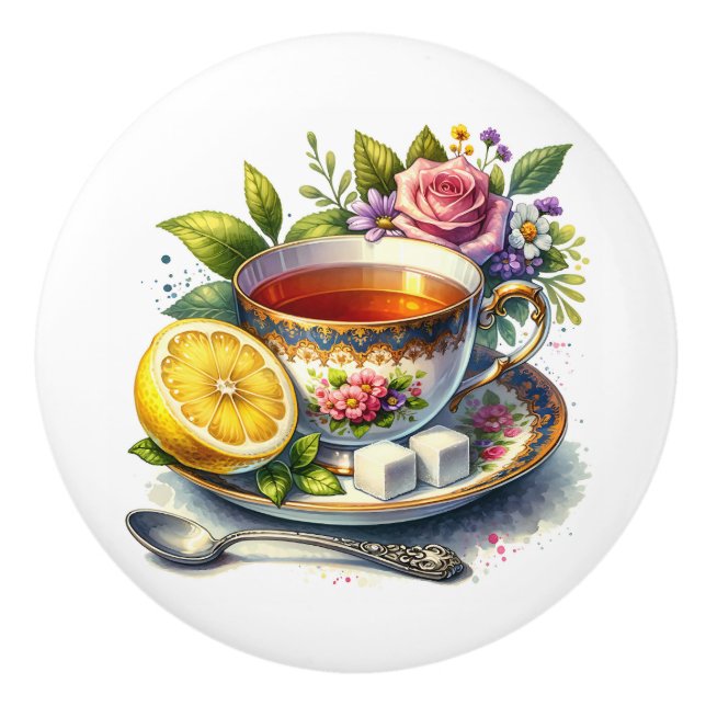 Hübsche Teetasse mit Tee und Zitrone  Keramikknauf (Vorderseite)
