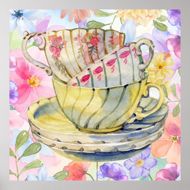 Hübsche Teetassen Blumen  Poster (Vorne)