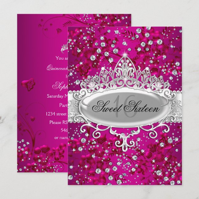 Hübsche Tiara Sparkle Blume Rosa Sweet 16 Einladung (Vorne/Hinten)