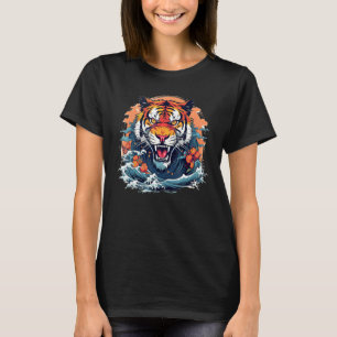 Hübsche Tigerkatze mit Meereswellen im japanischen T-Shirt