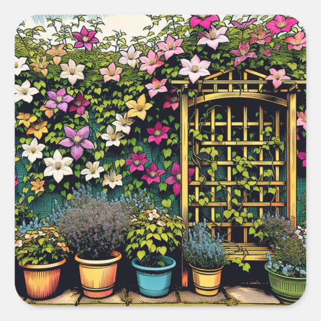 Hübsche Trellis und Töpfe von Pflanze Quadratischer Aufkleber (Vorderseite)
