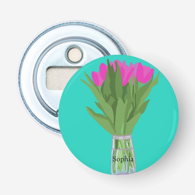 Hübsche Tulip Blume Moderne Illustration + Name Flaschenöffner (Vorderseite)
