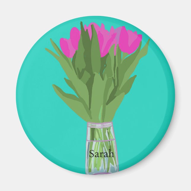 Hübsche Tulip Blume Moderne Illustration + Name Magnet (Vorne)