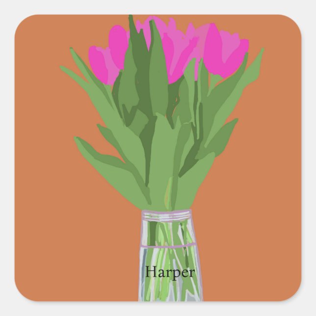 Hübsche Tulip Blume Moderne Illustration + Name Quadratischer Aufkleber (Vorderseite)