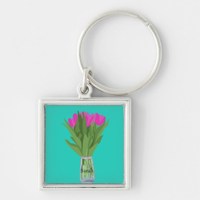 Hübsche Tulip Blume Moderne Illustration + Name Schlüsselanhänger (Vorne)
