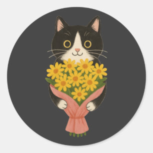 Hübsche Tuxedo-Katze mit Sonnenblumenstrauß Runder Aufkleber