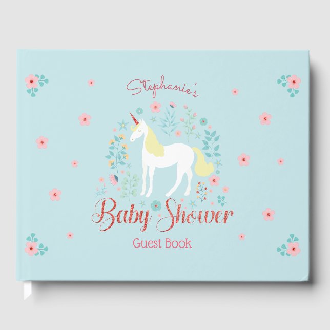 Hübsche Unicorn Rose Gold Glitzer Kinderdusche Gästebuch (Vorderseite)