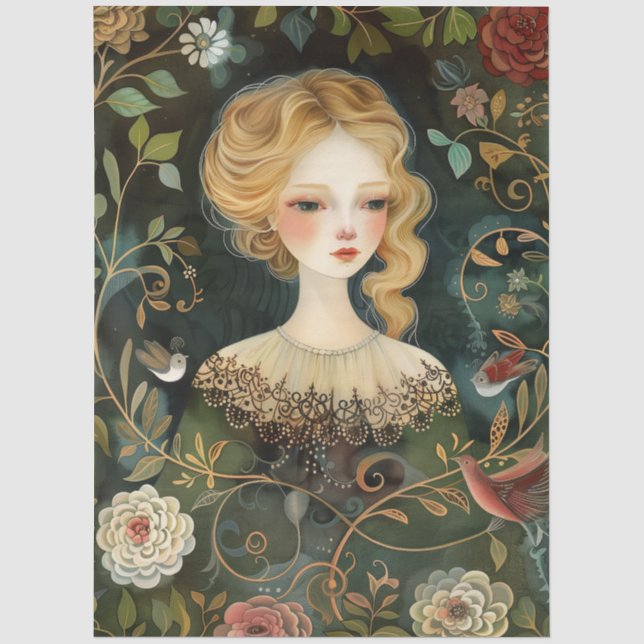 Hübsche Viktorianische Lady Whimsical Wildblumen Seidenpapier (Vorderseite)