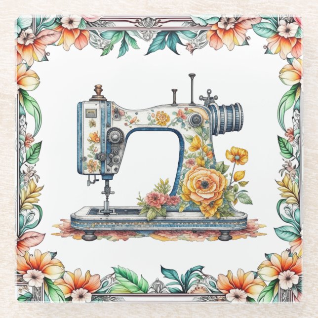Hübsche Vintage Blumennähmaschine und Blume Glasuntersetzer (Vorderseite)