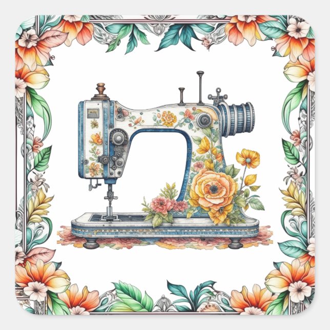 Hübsche Vintage Blumennähmaschine und Blume Quadratischer Aufkleber (Vorderseite)
