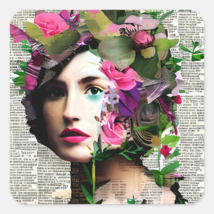 Hübsche Vintage-Dame Papiercollage-Kunst Quadratischer Aufkleber