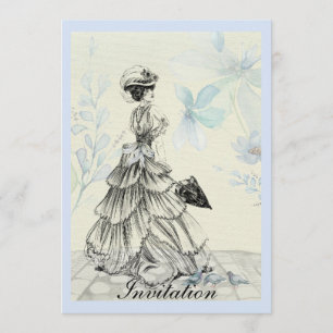 Hübsche Vintage Dame und blaue Blumen Einladung