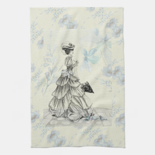 Hübsche Vintage Dame und Blumen Geschirrtuch