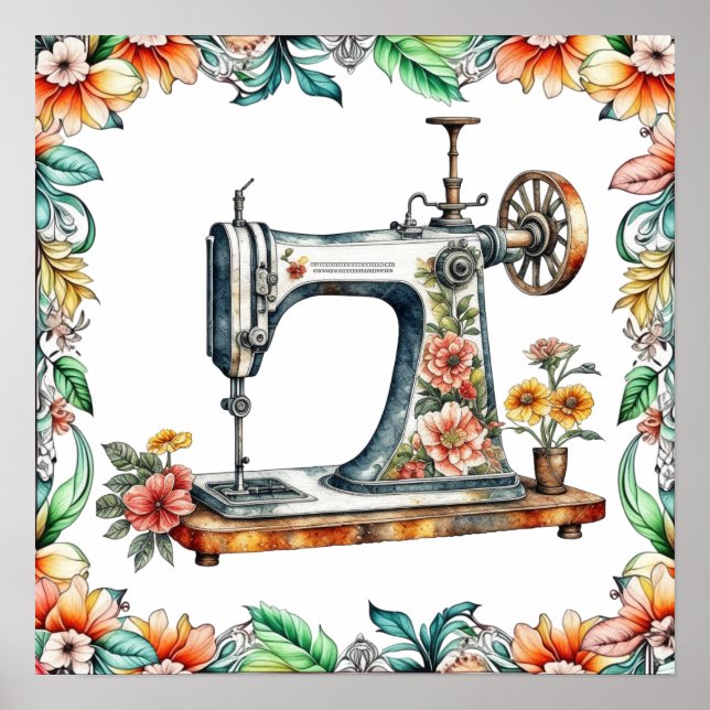 Hübsche Vintage Nähmaschine für Blumen Poster (Vorne)