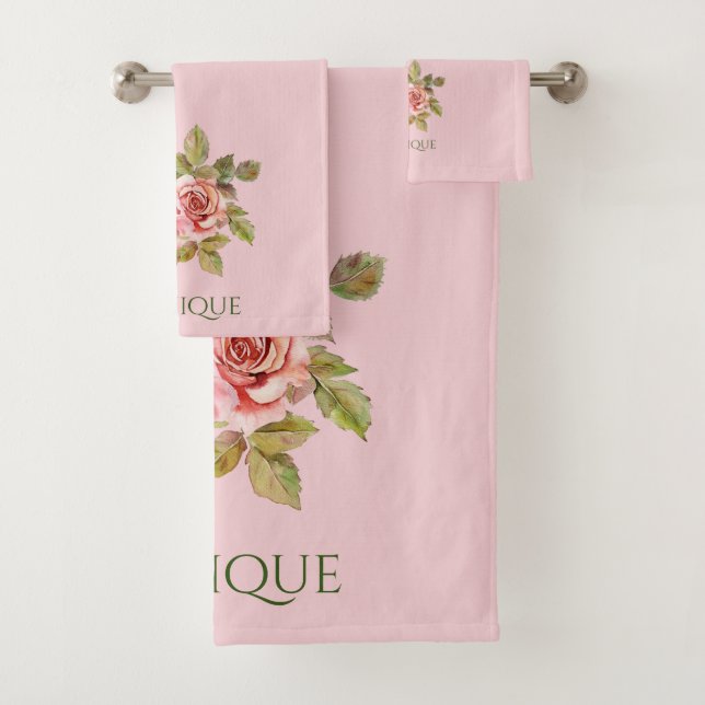 Hübsche Vintage Rosensteine Personalisiert Badhandtuch Set (Insitu)
