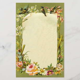 Hübsche Vintage Vogel-u. Blumen-Grenzdekoration Briefpapier