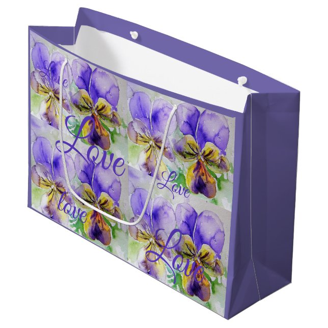 Hübsche Viola Blume Lila Muster Liebe Große Geschenktüte (Vorderseite Schrägansicht)