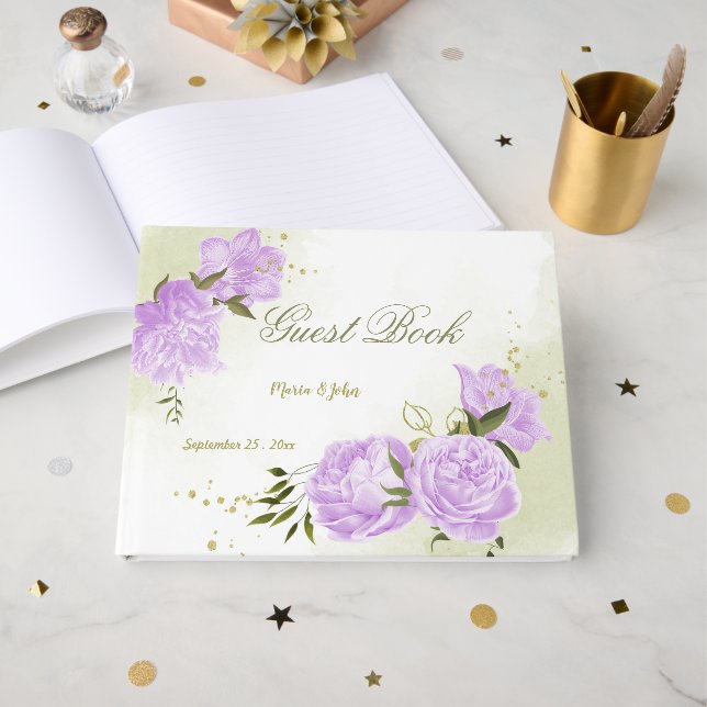 hübsche violette Blumen Grüne Blätter botanisch Gästebuch (Vorderseite Offen)