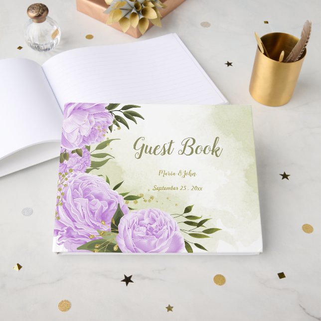 hübsche violette Blumen Grüne Blätter botanisch Gästebuch (Vorderseite Offen)