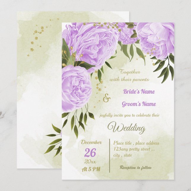 hübsche violette Blumen Grüne geometrische Hochzei Einladung (Vorne/Hinten)