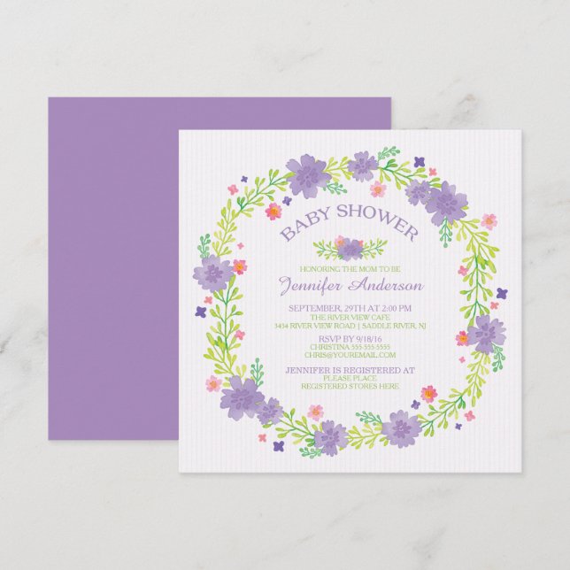 Hübsche violette Blumen Wreath Girls Babydusche Einladung (Vorne/Hinten)