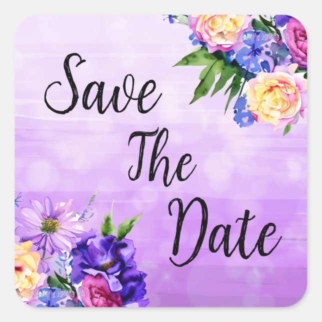 Hübsche violette Blütenblumen Hochzeit retten das  Quadratischer Aufkleber (Vorderseite)