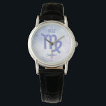 Hübsche Virgo Astrologie Signieren Personalisiert  Armbanduhr<br><div class="desc">Diese hübsche,  personalisierte lila und Lavendel Virgo Uhr zeigt Ihr astrologisches Zeichen aus dem Zodiac in einem schönen Funkeln wie die Sternbilder. Passen Sie dieses niedliche Armbanduhr-Geschenk mit Ihrem Namen in einem wunderschönen Kursivskript für jemanden mit einem späten August oder Anfang September Geburtstag an.</div>