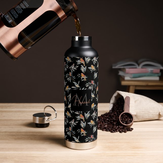 Hübsche Vögel Blätter Vintag Schwarzes Design Trinkflasche (Kaffee)