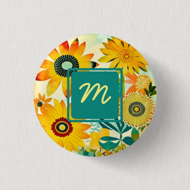 Hübsche Volkskunst-Blumen mit Monogramm Button (Vorderseite)
