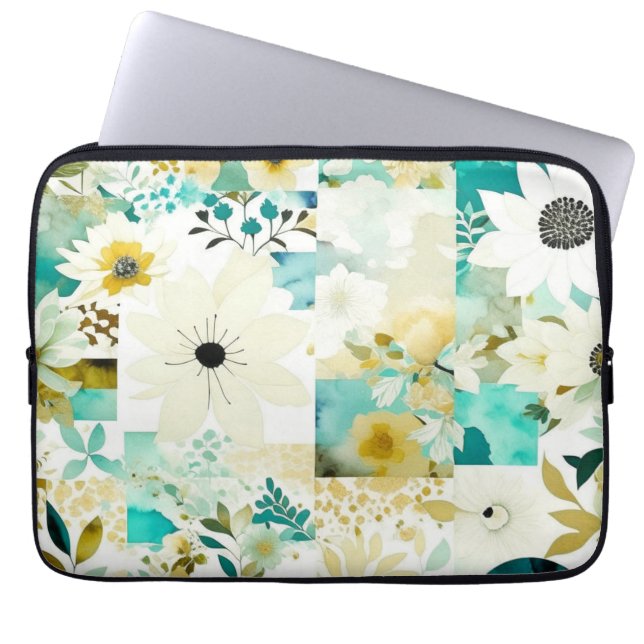 Hübsche Volkskunst Weiße und türkisfarbene Blume Laptopschutzhülle (Vorderseite)