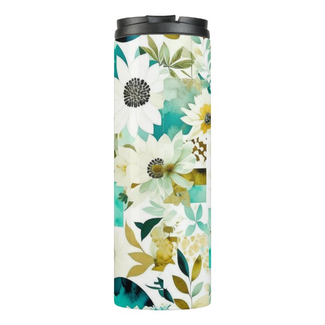 Hübsche Volkskunst Weiße und türkisfarbene Blume Thermosbecher (Rückseite)