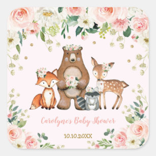 Hübsche Waldbaby-Dusche/erröten Blumenwald Quadratischer Aufkleber