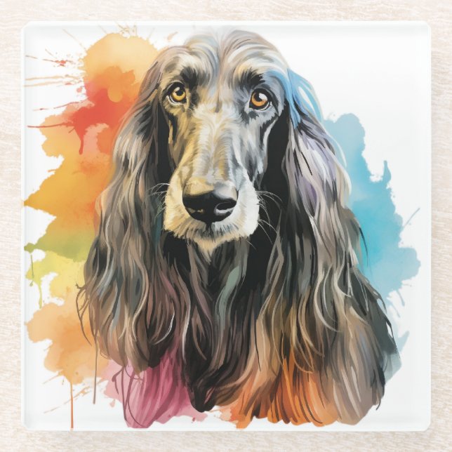 HÜBSCHE WASSERFARBE AFGHAN HUNDE FACE GLASUNTERSETZER (Vorderseite)