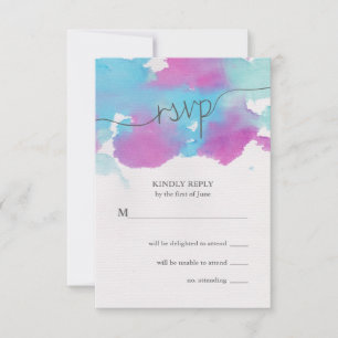 Hübsche Wasserfarbe Blau Lila Hochzeit RSVP Karte