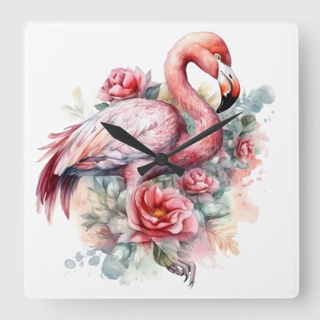 HÜBSCHE WASSERFARBE FLAMINGO MIT BLUME QUADRATISCHE WANDUHR (Vorderseite)