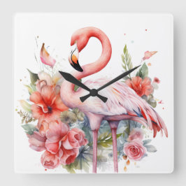 HÜBSCHE WASSERFARBE FLAMINGO MIT BLUME QUADRATISCHE WANDUHR