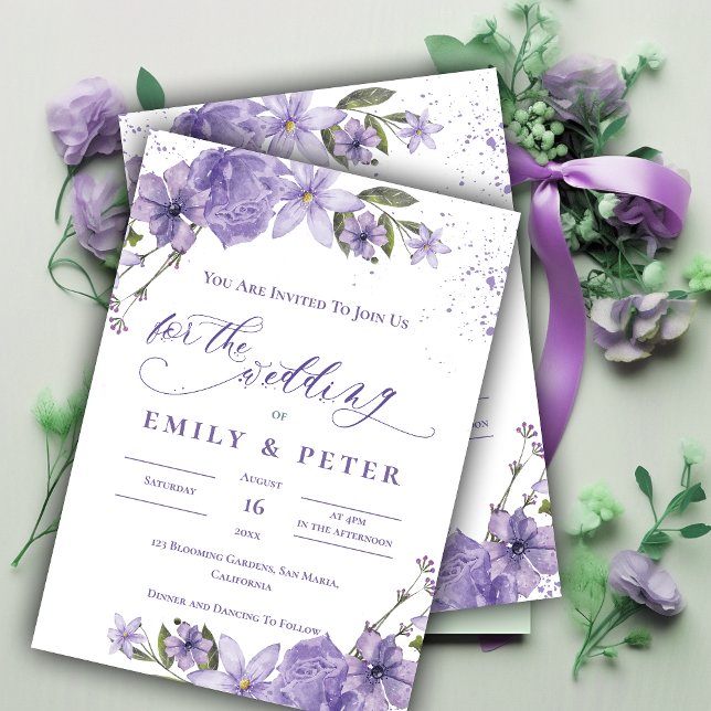 Hübsche Wasserfarbe Lila Elegante Hochzeit Einladung (Pretty Watercolor Purple Elegant Floral Wedding Invitation)