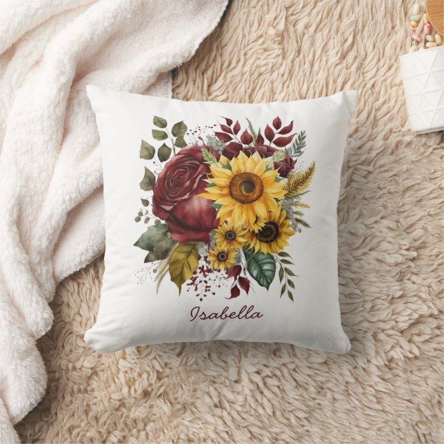 Hübsche Wasserfarbe Sonnenblumen Burgund Blütenblu Kissen (Decke)