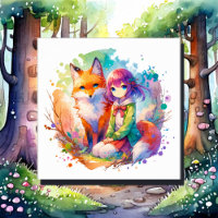 Hübsche Wasserfarben-Anime-Girl und Fox