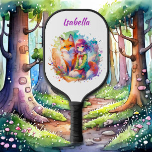 Hübsche Wasserfarben-Anime-Girl und Fox Pickleball Schläger