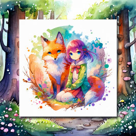 Hübsche Wasserfarben-Anime-Girl und Fox Poster