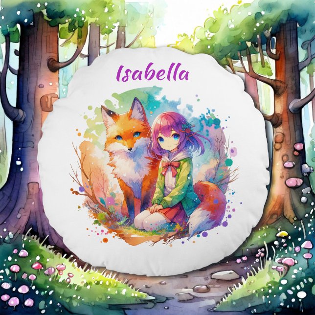 Hübsche Wasserfarben-Anime-Girl und Fox Rundes Kissen (Von Creator hochgeladen)