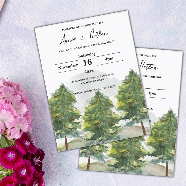 Hübsche Wasserfarben Bäume Landschaft Hochzeit ein Postkarte (Pretty Watercolor Trees Landscape Wedding Invitation)