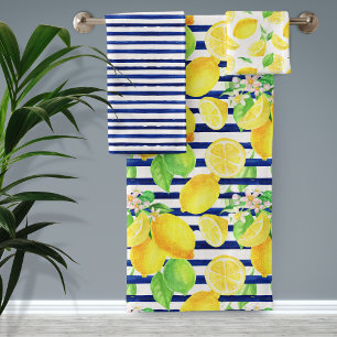 Hübsche Wasserfarben Lemons und blaue Streifen Bad Badhandtuch Set