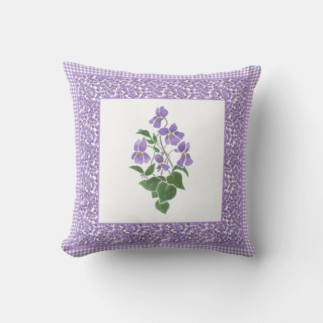 Hübsche Wasserfarben-Violetten und Karo Gingham Bo Kissen (Vorderseite)