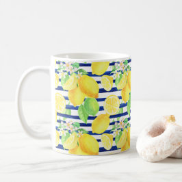 Hübsche Wasserfarben-Zitronen auf blauen Streifen Kaffeetasse