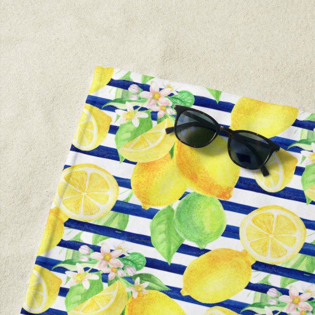 Hübsche Wasserfarben-Zitronen auf blauen Streifen Strandtuch (Beispiel)