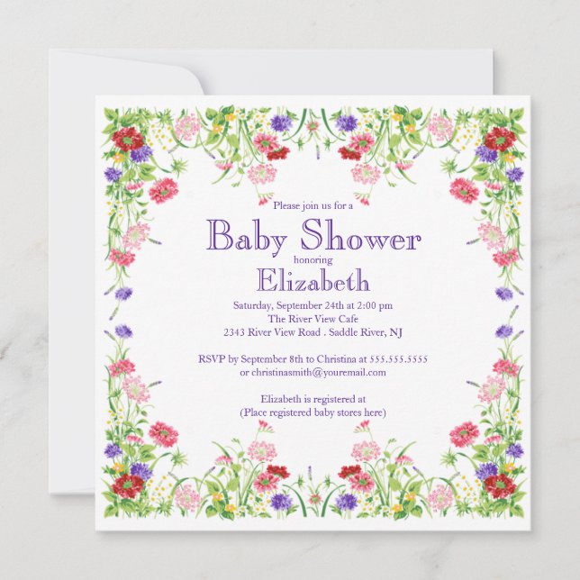 Hübsche Watercolor-Wildblume-Blumenbaby-Dusche Einladung (Vorderseite)