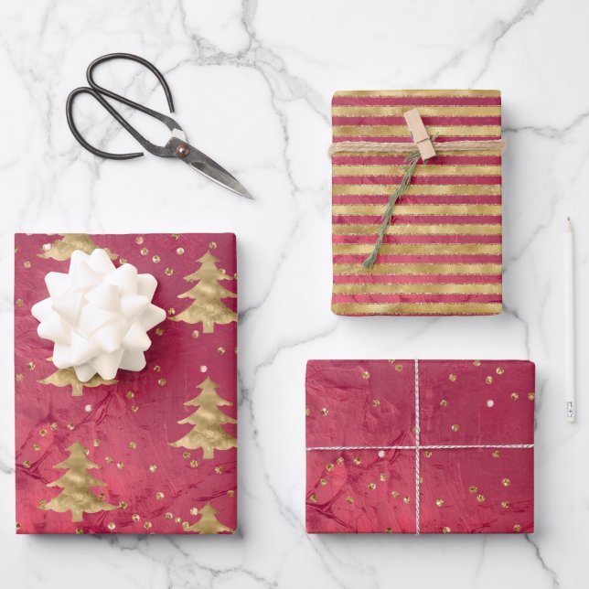 Hübsche Weihnachtsbaumen aus Red Gold Geschenkpapier Set (Vorderseite)